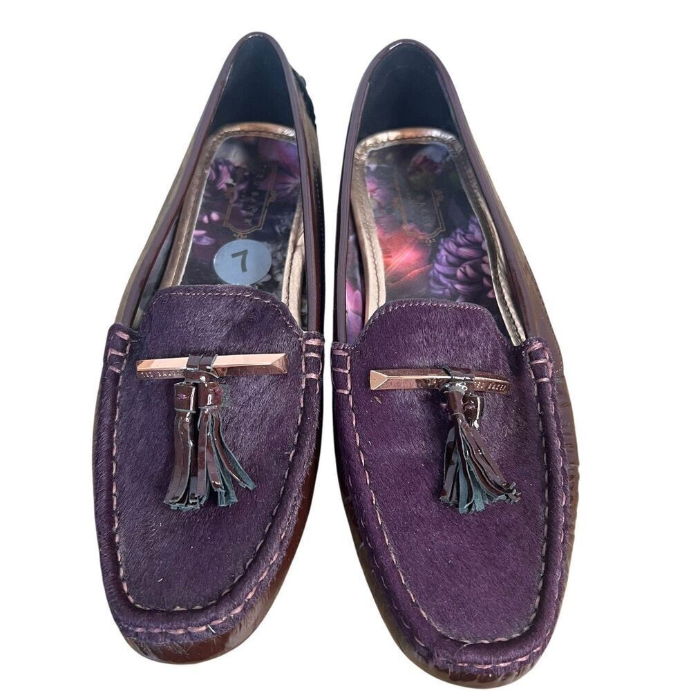 Ted Baker Harlii Calf Hair Driving Loafers size 7M Plum Patent Flats Shoes